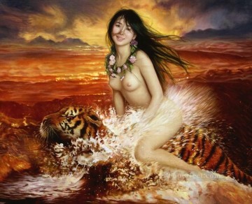 Chica montando tigre en el mar Chica china desnuda Pinturas al óleo